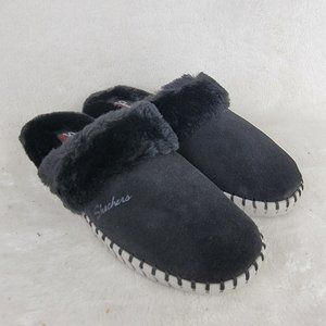 Skechers Womens Black Leather Upper Faux Fur Lining Cozy Soft Slippers Size 5